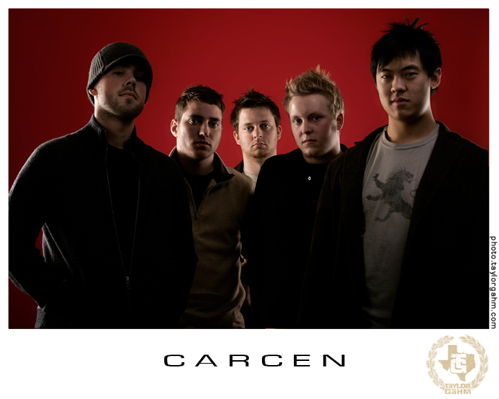 Archival five-member Carcen press portrait against a red backdrop