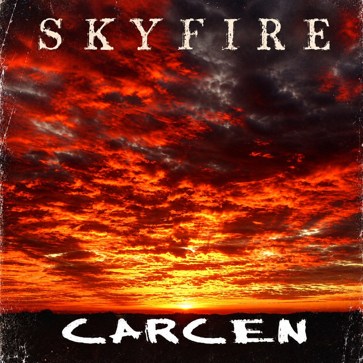 Cover art for Carcen's 2006 album Skyfire: a glowing red and orange sky, with Skyfire above the Carcen logo